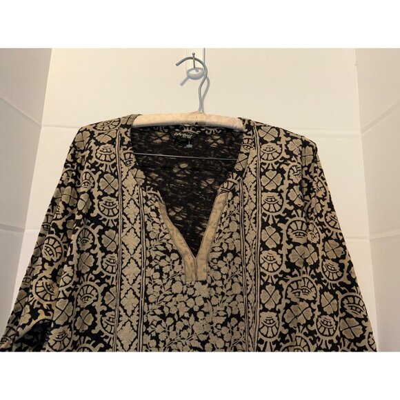 Lucky Brand Tunic Top Women's M Black Tan Boho Paisley Print Stretch 3/4 Sleeves - Picture 6 of 9